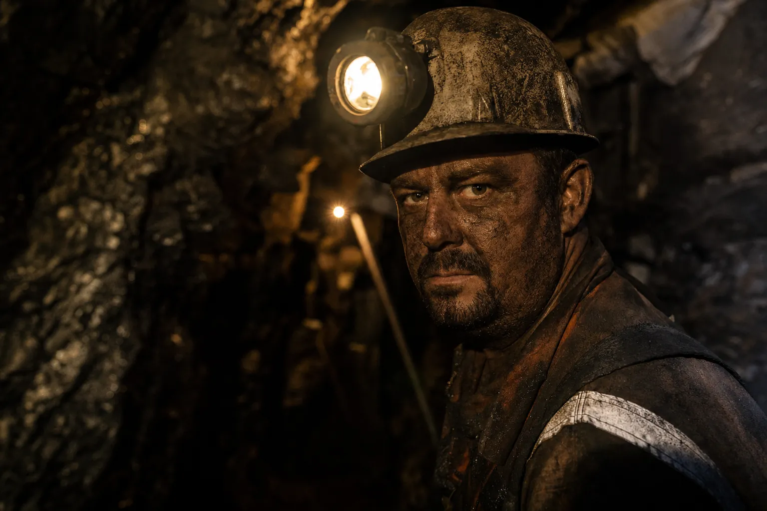 A miner in a hard hat with a headlamp inside an underground mine tunnel