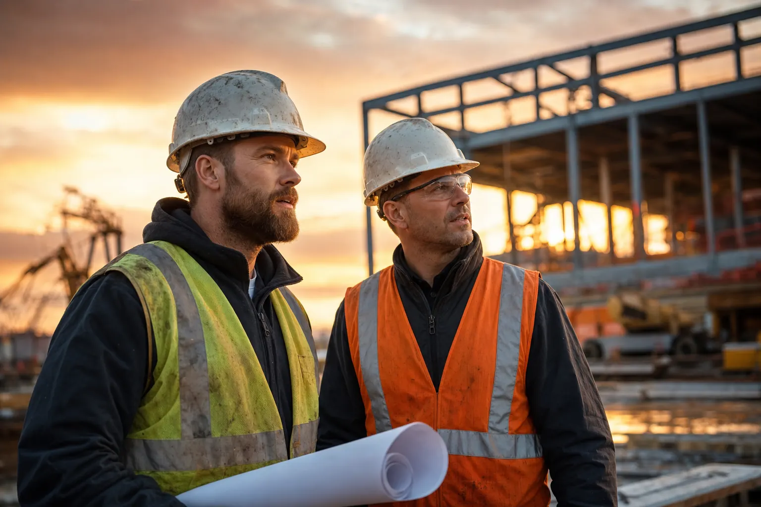 Two workers in hard hats at a job site at sunset