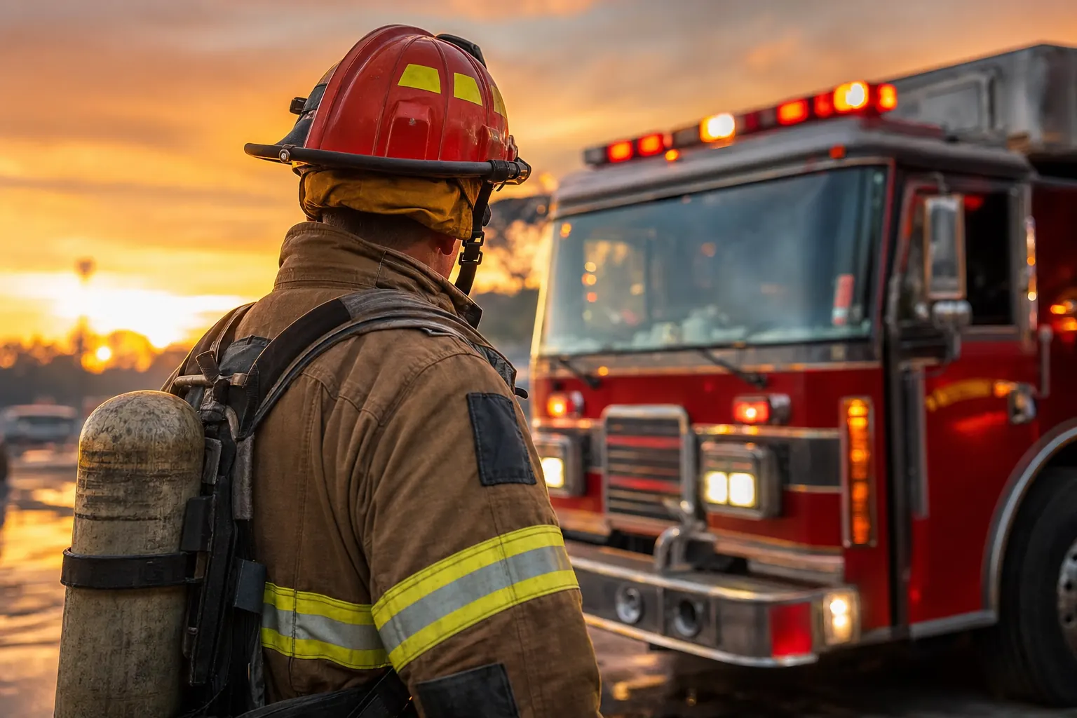 A firefighter in front of a fire engine